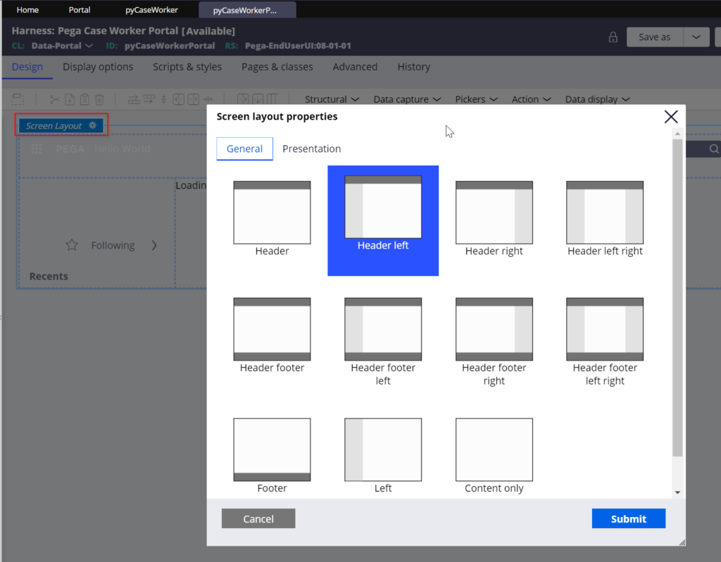 screen layout portal rule