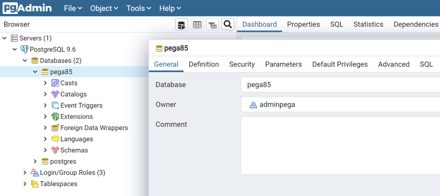 postgreSQL empty database creation for pega platform 8.5