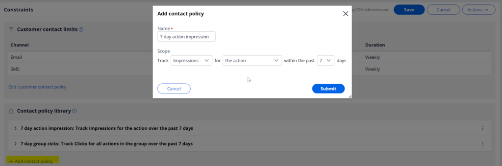 pega enagagement policy add contact policy in decision hub