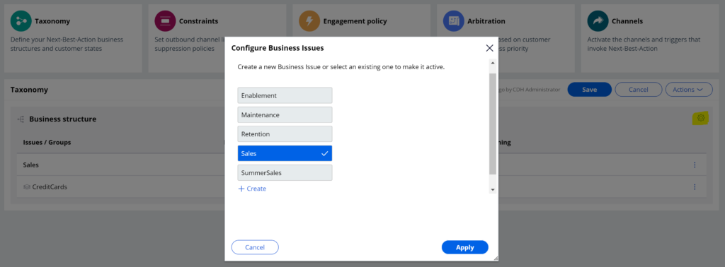 configure business issue pega decisioning