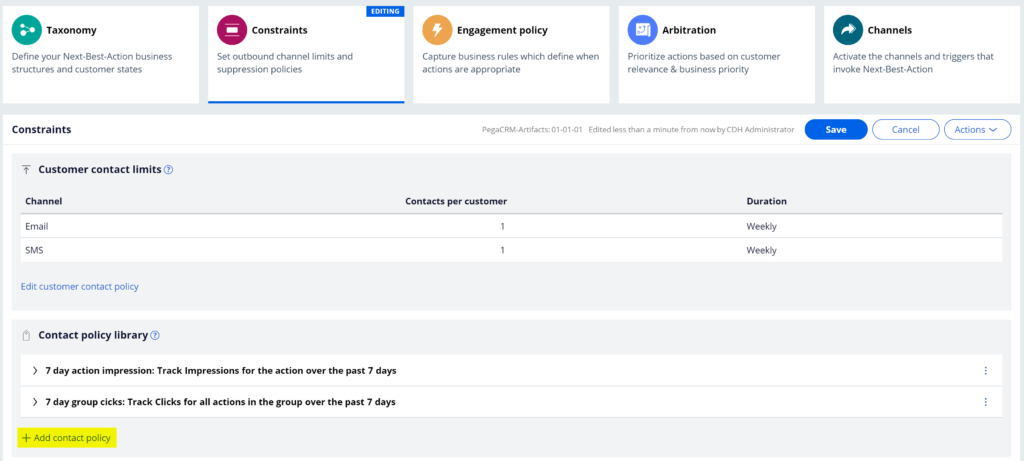 add contact policy in pega customer decision hub in decisioning consultant