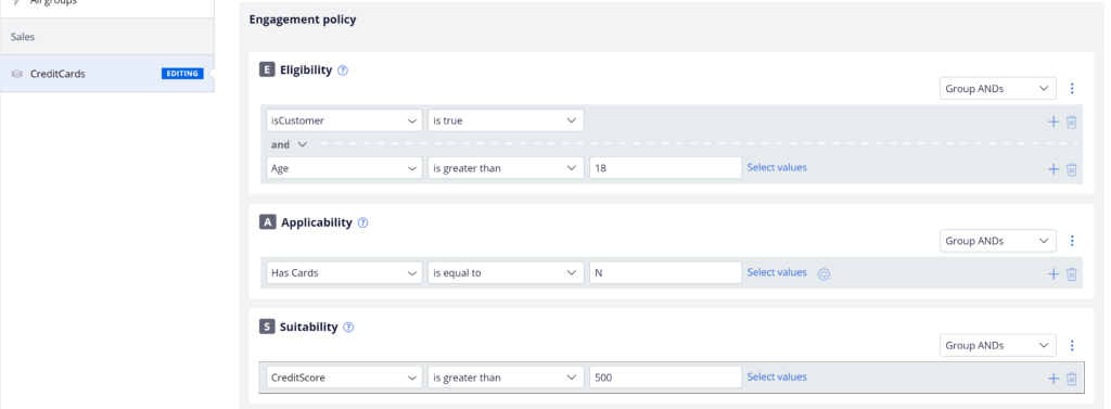 suitability engagement policy in pega customer decision hub