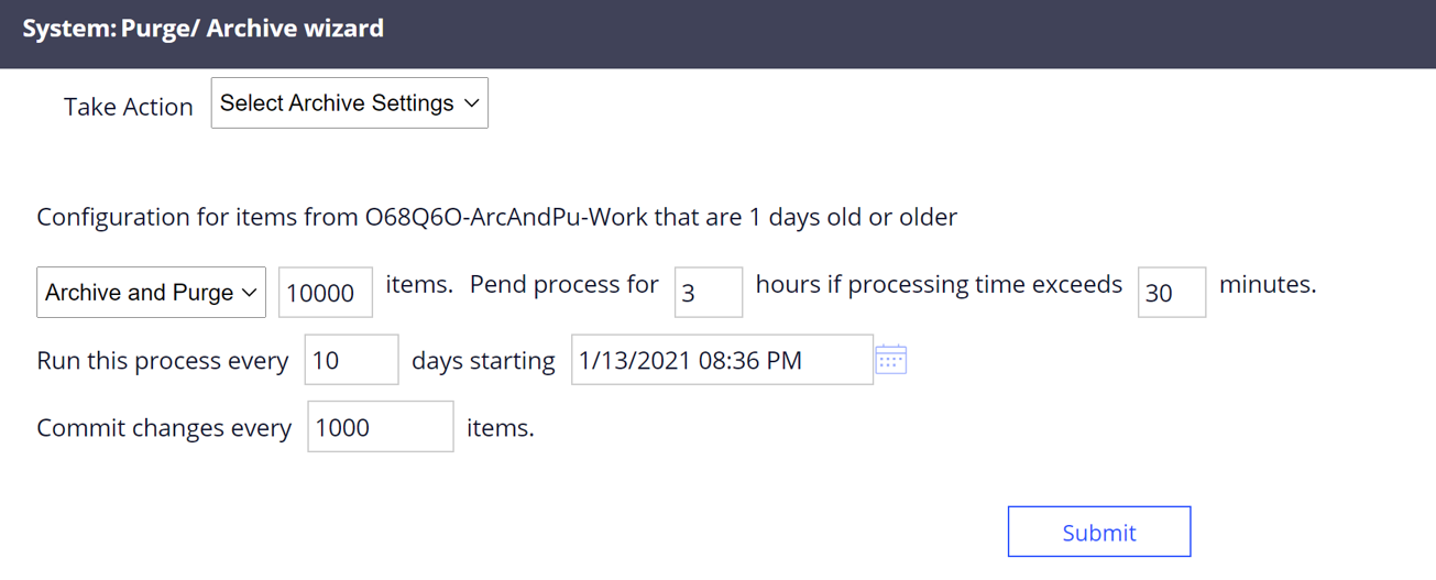 select archive setting pega 8 purging archiving old work items